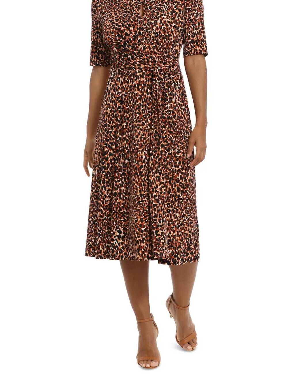 NEW LONDON TIMES tie-waist animal print a-line dress in tan multi